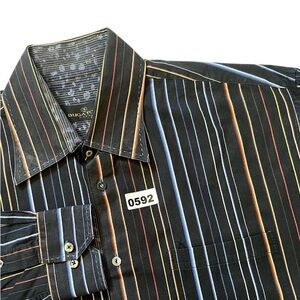 Bugatchi Suomi Men's L Black Shirt with Multicolor Stripes Long Sleeves cotton